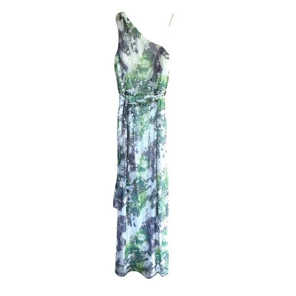 AIDAN MATTOX green purple white one shoulder full sequin maxi long dress - Picture 1 of 10